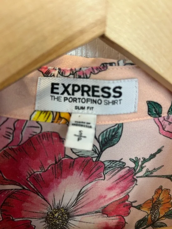 Express Peach Floral Button-Down Shirt with Red & Yellow Blooms - Picture 3 of 9